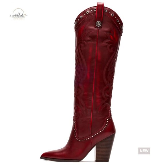 Shoes - Knee High Cowboy Boots Pointed Toe Chunky Heel Pull-on Embroidered Western Wide
